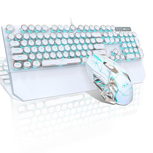 Image of MageGee MK-Storm Typewriter Mechanical Gaming Keyboard and Mouse Combo, Retro Punk Round Keycap Blue LED Backlit USB Wired Computer Keyboard for Game Red Switches(White)