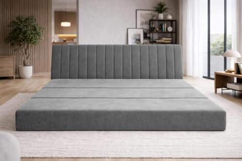 Image of Three-Seater Convertible Floor Sofa Bed with Modern Velvet Fabric Folding Couch for Living Room, Guest Room & Small Spaces - Grey Color