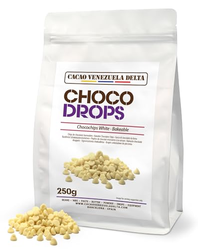 Cacao V Delta Pepitas de Chocolate Blanco 250g Para Repostería - Chips de Chocolate para Hornear y Topping - 24% de Cacao No GMO, Sin Gluten, Premium, Puro, Natural
