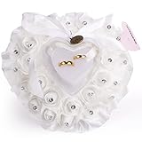 HONEYGIFTS White Wedding Ring Pillow, Heart Shape Ring Box with Hem Rhinestones Ribbon Roses Ring Holder for Wedding Ceremony