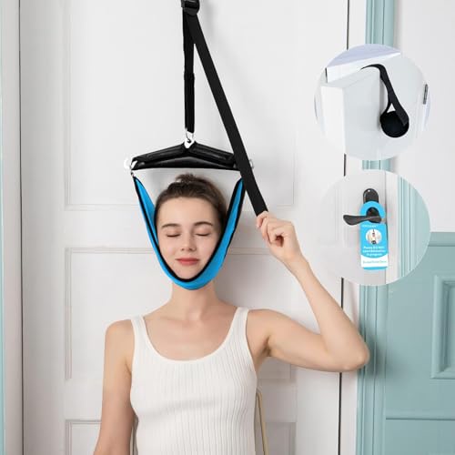 soulern Neck Stretcher Cervical Traction Device for Home Use - Over The Door Cervical Neck Traction Device for Decompression Home Physical Therapy, Portable Neck Traction Device for Neck Pain (Blue)
