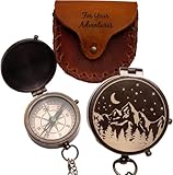 Engraved Compass Gift for Men – Vintage Brass Pocket Compass for Hiking, Adventure, and Travel – Antique Finish with Leather Case – Moon & Stars, or Road Design – Gift for Dad, Husband, or Son