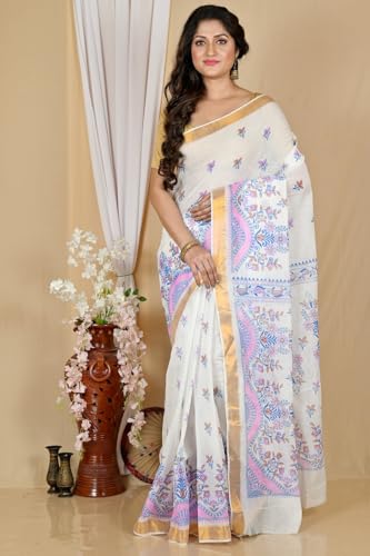 Image of eC ESHA'S COLLECTION Women's Kerala Cotton Floral Motif Printed Zari Bordered Tant Saree Without Blouse Piece