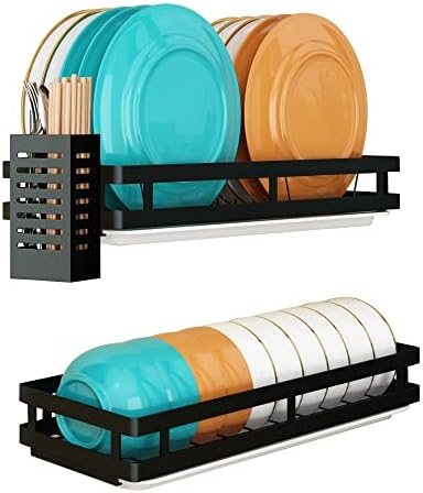 Supfirm Wall Mounted Stainless Steel Dish Drying Rack Fruit Vegetable Storage Basket with Drainboard and Hanging Chopsticks Cage Kitchen Shelf Utensils Organizer (2 Tier)