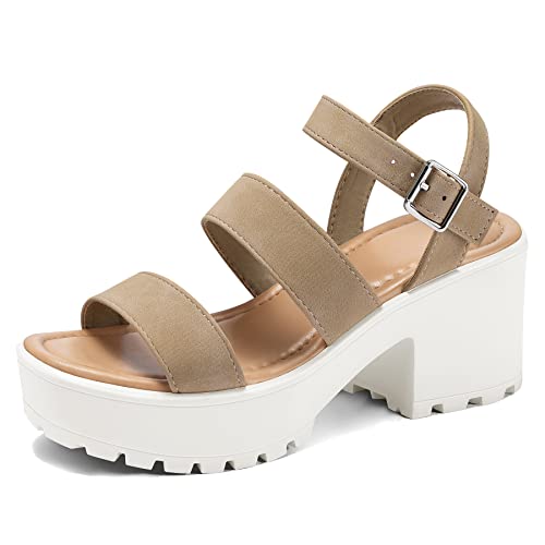 mysoft Women's Platform Sandals Ankle Strap Open Toe Lug Sole 3 Inch Chunky Block Heeled Sandals