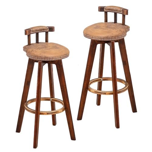 Juego de 2 taburetes de bar azules, asiento de cuero sintético, patas de madera maciza, sillas giratorias altas con detalles tachonados, ideales para islas de cocina, cafeterías y bistrós (juego de 2
