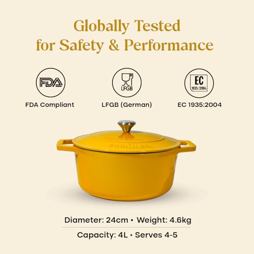 Image of CUMIN CO. Cast Iron Dutch Oven 4L, 24 cm | Induction Base Cookware | 10 Years Warranty | Non Toxic Non Stick Biryani Pot with Lid | Heavy Bottom | Chemical Free Coating | Free Accessories | Mustard