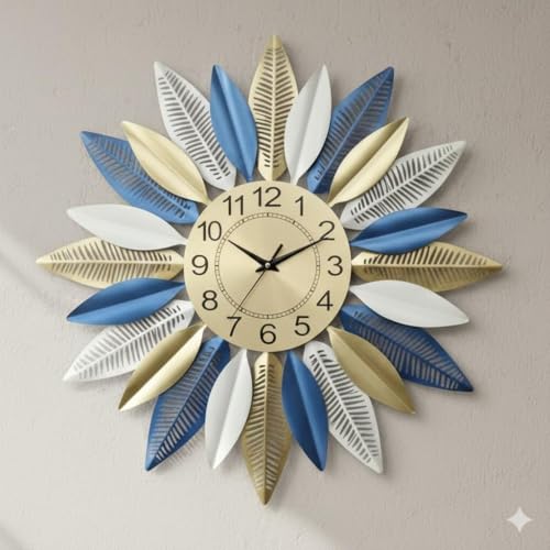 Image of European Style Luxury Analog Metal Build Design Decorative Wall Clock Perfect for Home and Office /Hotel /Restaurant /Living Room Decoration /Durable /Aesthatic Looks (Blue Petal Clock)