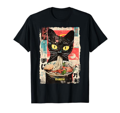 Gato Fideos Ramen Japón Y2K Kawaii Retro Gatos Manga Anime Camiseta