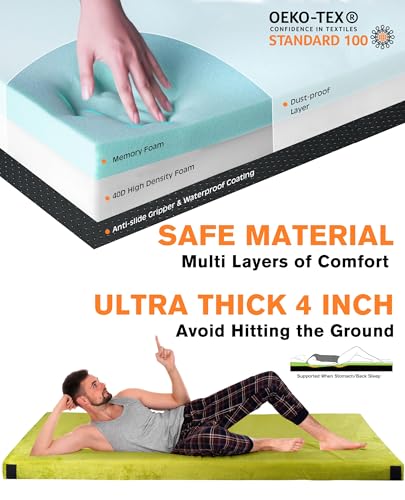 Image of Extra Thick GAIALOOP 4 INCH Memory Foam Camping Mattress, Roll Up Floor Sleeping Mat Camp Cot Mattress Pad Travel Camping Couch Bed for Guest Adults Side Sleepers