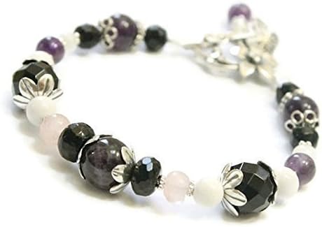 Sterling Silver Stress Relief and Anti Anxiety Bracelet/Natural Genuine Gemstones Rose Quartz, Amethyst, Black Onyx, Moonstone, Howlite/Positive Crystal Energy/Holistic Wellness Jewelry