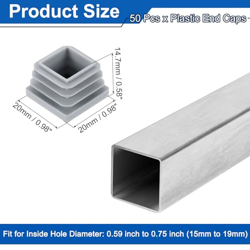 Image of uxcell 3 /4 inch (20mm) Square Tubing End Caps, 50 Pcs Plastic Hole Plugs Insert End Cap for Metal Tubing Post Chair Leg Table Bookshelves Furniture, Grey