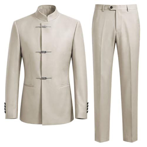 CKGJLJ Suit Mens Chinese Suits for Wedding 2 Piece Slim Fit Mandarin Collar Cream Suit for Men Chinese Men's Suits Zhongshan 2 Piece Metal Buttons Blazer Jacket XL Elegant Wedding Guests Tuxedos