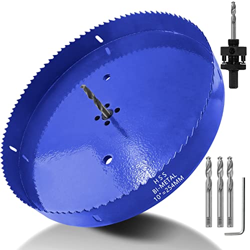 Image of Luomorgo 254mm /10 inch Hole Saw with Arbor, 1 1 /4 inch Cutting Depth HSS Bi-Metal Hole Cutter for Wood Cornhole Boards Plastic Drywall & Metal Sheet, Blue