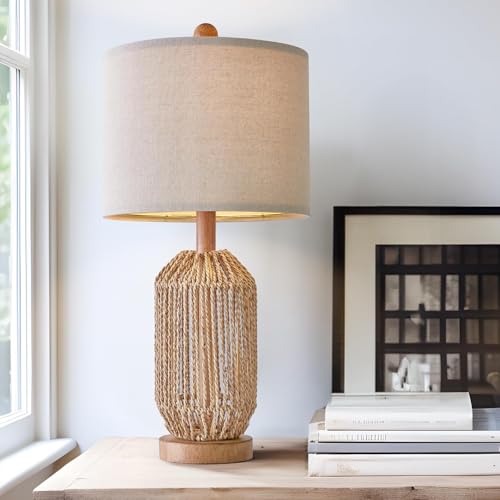 Image of OYEARS 21 inch Boho Table Lamp for Living Room, Bedside Lamp for Nightstands, Rattan Lamp for Bedroom, Farmhouse Table Lamp for Room Decor, End Table, Retro, Brown, 1 Pack