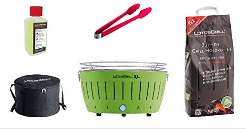 LotusGrill XL Starter Juego de 1 x lotusgrill XL cal verde 1 x haya Carbón vegetal 1 kg, 1 x quemar 200 ml, 1 x salchichas Alicate Naranja, 1 x bolsa