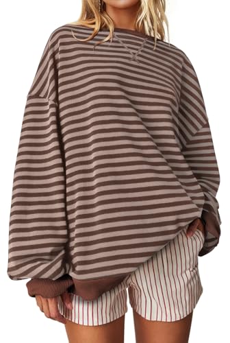 Image of UEU Women Oversized Striped Crewneck Sweatshirt Long Sleeve Color Block Pullover Tops Casual Loose Workout Shirt