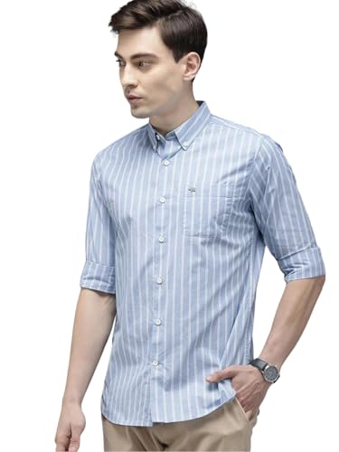 Image of THE BEAR HOUSE Men Cotton Blue Striped Slim Fit Casual Shirt