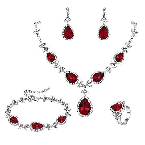 BriLove Wedding Bridal Necklace Earrings Bracelet Ring Jewelry Set for Women Crystal Floral Leaf Teardrop Y-Necklace Tennis Bracelet Dangle Earrings Resizable Ring Set Ruby Color Silver-Tone