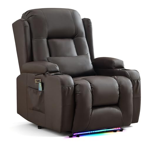 Image of URRED Recliner Chair with Massage and Heat, Power Reclining Sofa Chair Home Theater Seating with LED Ambient Light, USB Ports, Cup Holders, Side Pockets, Faux Leather (Brown, Set of 1)