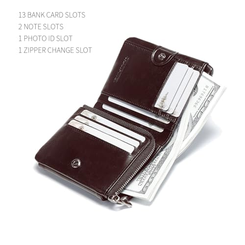 Men's Buckle zipper genuine leather wallet, large capacity 13card slots, Driver's license, multifunctional coin pocket (Oil waxy brown)4