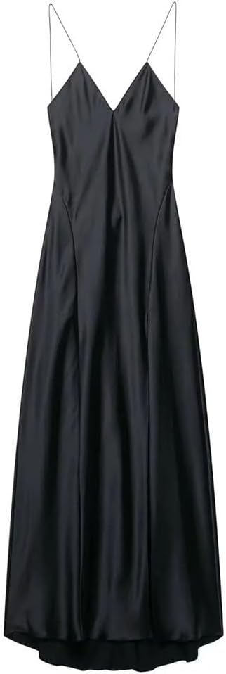 Women's Lingerie-Inspired Deep V-Back Dress Liquid Satin Midi Slip with Adjustable Spaghetti Straps Boho-Chic Lace Trim