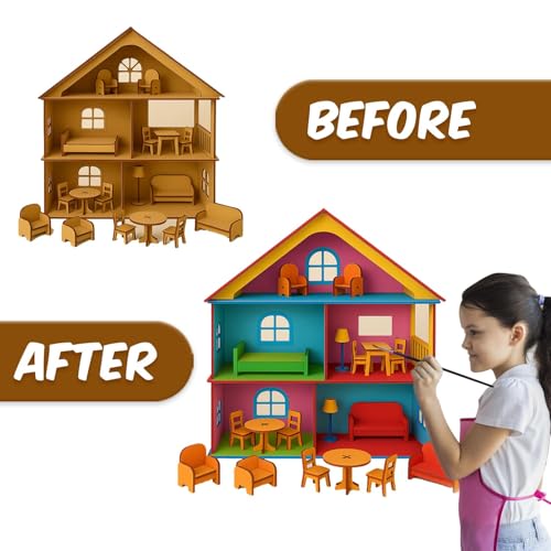 Image of DIY Wooden Doll House with Furniture for Kids | Assemble, Paint and Play with Your Wooden Doll House! DIY peg Doll Pair | Raksha bandhan Gift for Sister | Rakhi Gift