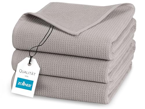ZOLLNER 3er Set Duschtücher in 70x140 cm - langlebige Handtücher in grau - mit praktischem Aufhänger - Zeitloses Waffelmuster - waschbar bis 95°C - Baumwolle - Hotelqualität