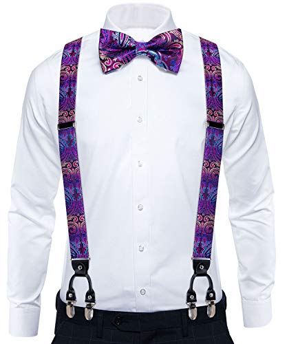 Image of DiBanGu Paisley Bow Tie and Supenders for Men Tuxedo Heavy Duty 6 Clips Suspender Adjustable Y-Shape Mens Trouser Braces