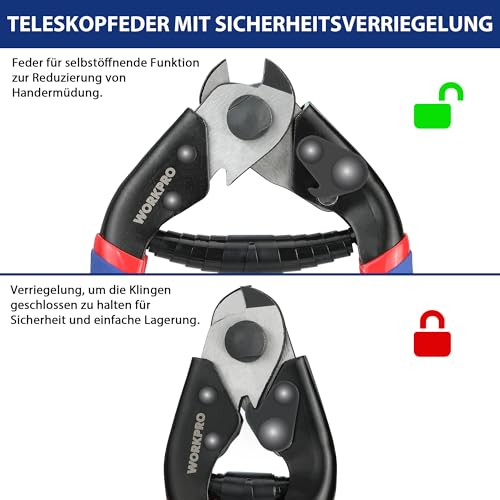 WORKPRO Drahtseilschneider Drahtschneider 190mm, Drahtseilschere Kabelschneider, Chrom-Vanadium-Stahl, Schneiden für Drahtseil Edelstahl Seil Fahrrad Bremshebel Kabel Reparatur