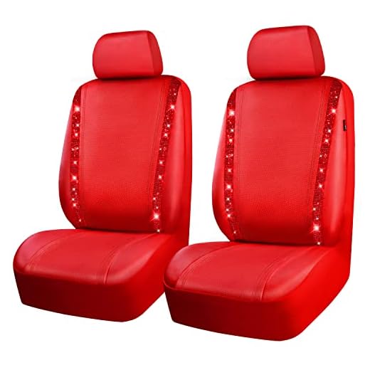 CAR PASS Bling Red Car Seat Covers, Shining Rhinestone Waterproof Faux Leather Car Accessories Two Front Only Universal Fit 95% Auto Glitter Crystal Sparkle Strips for Cute Women Girl, Red Diamond