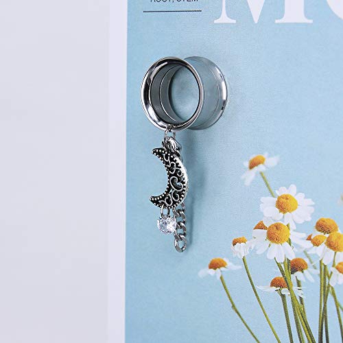 ZS Vintage Moon Dangle Ear Tunnels Plug Stainless Steel Screw Ear Gauge Feather Chain Ear Expander Flesh Tunnels Piercing3