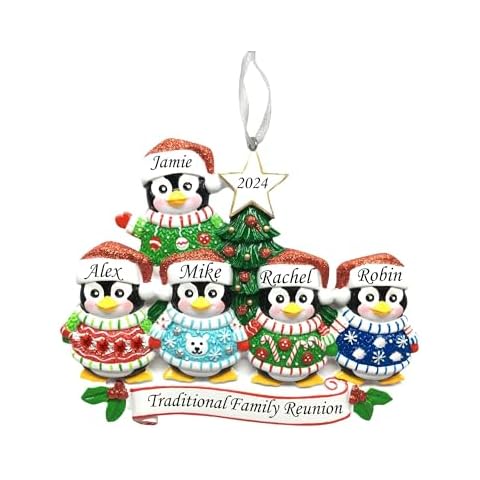 2024 Personalized Ornament Ugly Sweater Penguin Family of 5 Christmas Tree with Star Topper Ornament Artisanal Customized Decoration Wedding Ornament-Free Personalization Cover