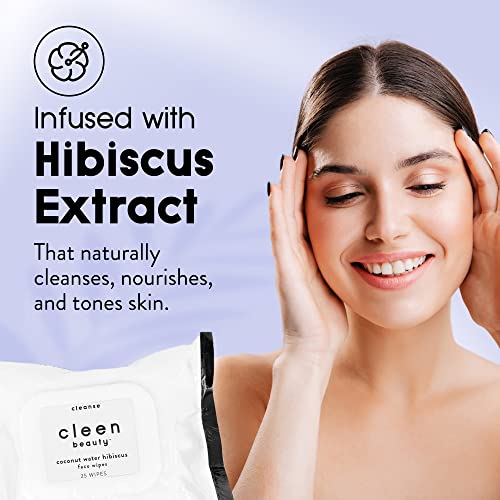 Cleen Beauty Coconut Water Hibiscus Face Wipes L Hydrating Facial Cleansing Makeup Remover L Biodegradable Face Wash Cloth L 25 Count #TOP2