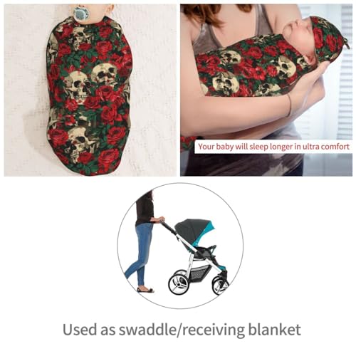 Image of Skull and Red Roses Newborn Swaddle Blankets Hat Sets Soft Baby Receiving Blanket Swaddle Sack for Baby Shower Infant Boy Girl Gift