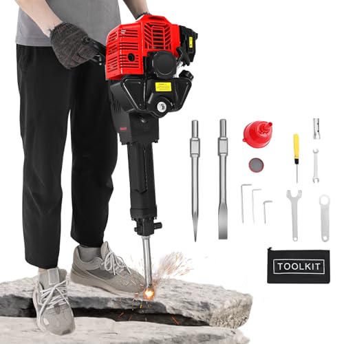 JAYGOVAN 52CC Gasoline Demolition Jack Hammer 2-in-1 2 Stroke Gas Powered Demolition Jack Hammer Concrete Breaker Punch Drill w/Drill Point Flat Chisel Bit for Heavy Concrete