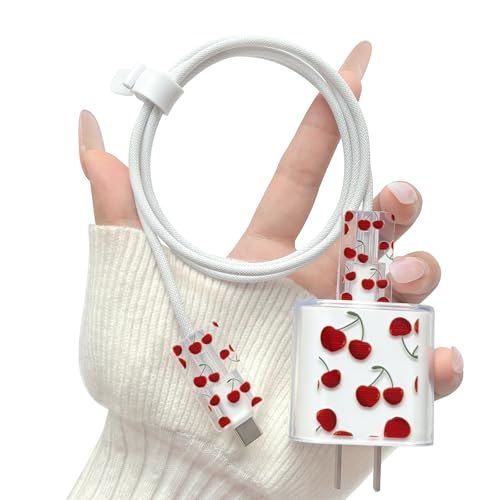 Lovmooful Compatible for iPhone 18W/20W USB-C Charger Cover Clear Lovely Cherry Design Soft Charger Protector Cute Cable Case Saver Protector for Girls Women-Cherry