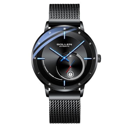 SOLLEN Minimalist Men's Automatic Watches, Black Stylish Mechanical Watch for Men, 3ATM Waterproof Self-Winding Watches with Calendar, Luminous & Seconds Subdial, Casual Luxury Watch for Daily Use