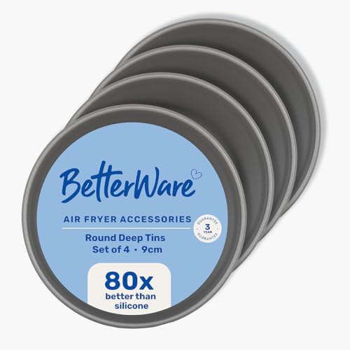 Image of BetterWare Air Fryer Accessories Set of 4 x 9cm Round Deep Tins | Non-Stick Low Carbon Steel | Dishwasher & Freezer Safe | Compatible with Most Air Fryers | Ideal for Cooking, Roasting & Baking
