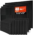 Acoustic Foam Panels 48 Pack 1" x 12"x 12" Saiqiang Black Soundproofing Panels Wedges for Wall Noise Absorbing and Sound-Damping Fire-Resistant Sound Proof for Studio, Gaming Room