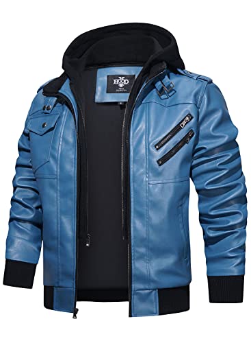 Image of HOOD CREW Men's Casual Stand Collar PU Faux Leather Zip-Up Motorcycle Bomber Jacket With a Removable Hood