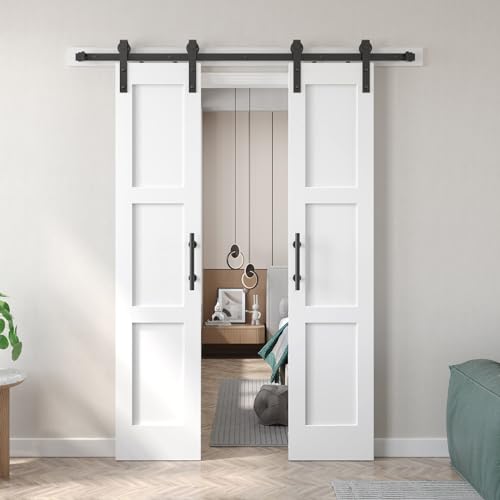 Image of Fredbeck Double 18x84 inch White Barn Door with 6.6FT Barn Door Hardware Kit Included,with MDF and Wood,DIY Assembly,3-Panel,36inch barn Door,Fit 33in-35in Opening