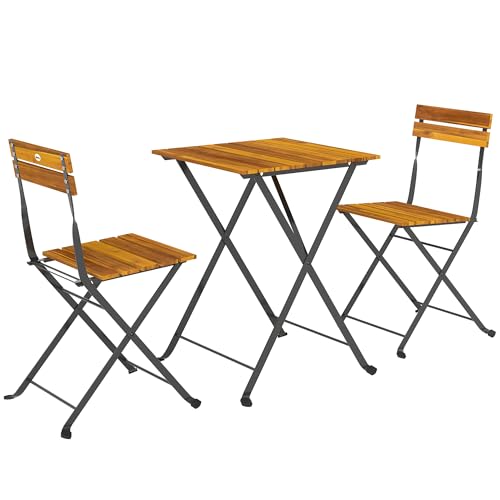 Outsunny Sitzgruppe 3 TLG. Essgruppe für 2 Personen klappbarer Esstisch mit 2 klappbare Stühle Bistroset Esszimmergruppe Küchentisch-Set mit Stahlgestell Balkonmöbel für Terrasse Balkon Teak