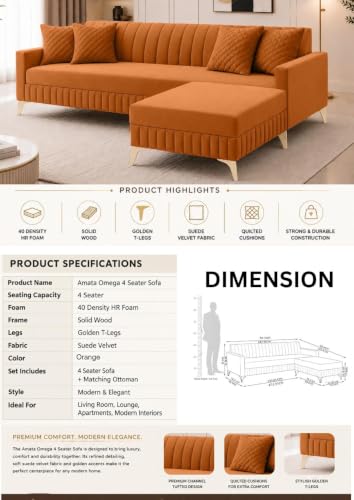 Image of AMATA Falcon 4 Seater L Shape Suede Velvet Fabric Orange Colour Sofa Set with Two Cushions Perfect for Home Office Guests Living Room (Falcon Orange, Falcon 4 Seater l Shape)(3 Year Warranty)