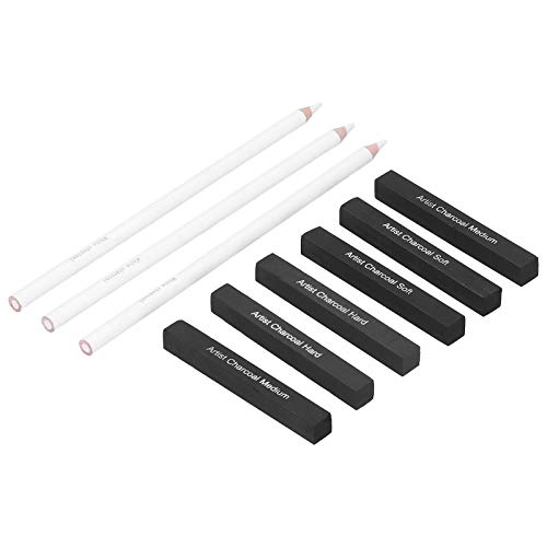 RiToEasysports Juego de Bocetos para Estudiantes de Arte con Lápices de Carbón Blanco, 3 Carboncillos Blancos y 6 Tiras de Carbón, para Pinceladas Expresivas y Trabajos Detallados