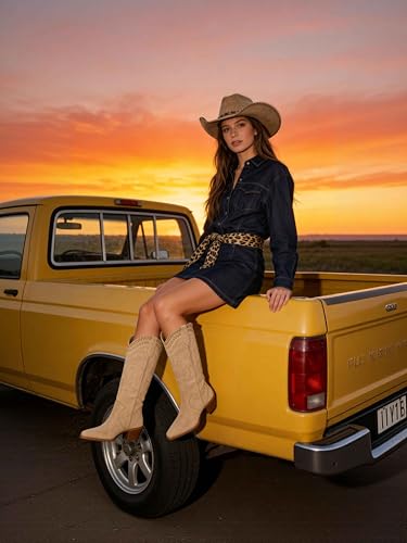 Image of Reitoye Cowboy Boots Women Knee High Cowgirl Embroidered Chunky Heel Boots | Block Chunky Heel,Pointed Toe,Half Side Zipper & Pull Tab,Embroidered Tall Boots,Fall Summer Spring Winter Dress Long Boots