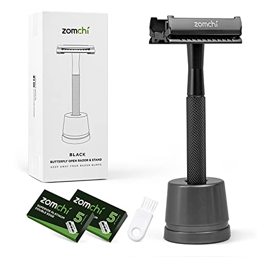 Safety Razor for Men, Butterfly Open Safety Razor with a Razor Stand, Men s Razor with a Texture Handle, Eco Razor, Fits All Double Edge Razor Blades, Free of Plastic (Black)