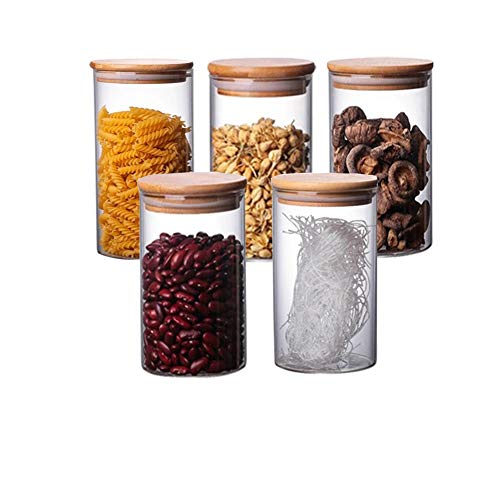 Flliberté 5 pack Tarros de Vidrio de Almacenamiento, Tarros de Cristal con Tapa de Bambú 300 ml Recipientes Organizador Botes Hermetico para Especias, Cereales, Azúcar