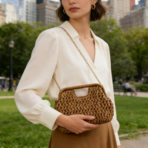 Image of Women Straw Drawstring Bucket Purse Small Tote Shoulder Handbag Hollow Out Cross-body Bag for Summer,Beach | Straw
