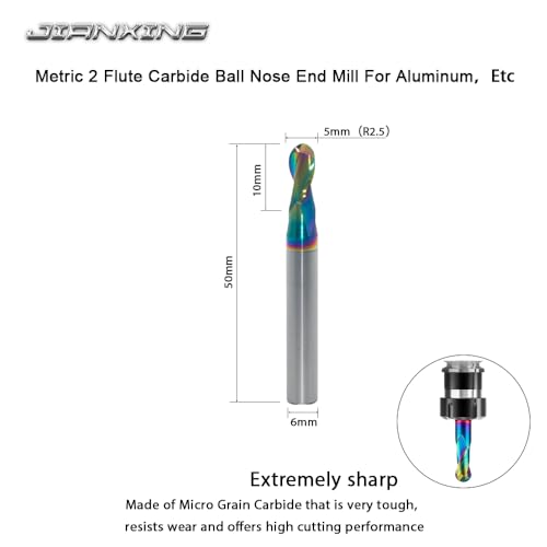 Image of 5mm R2.5 DLC Coated 2-Flute Carbide Ball Nose End Mill, Ideal for Aluminum, Copper Alloys, and Plastic Machining - High Precision & Wear-Resistant Cutting Tool (3 Pack)